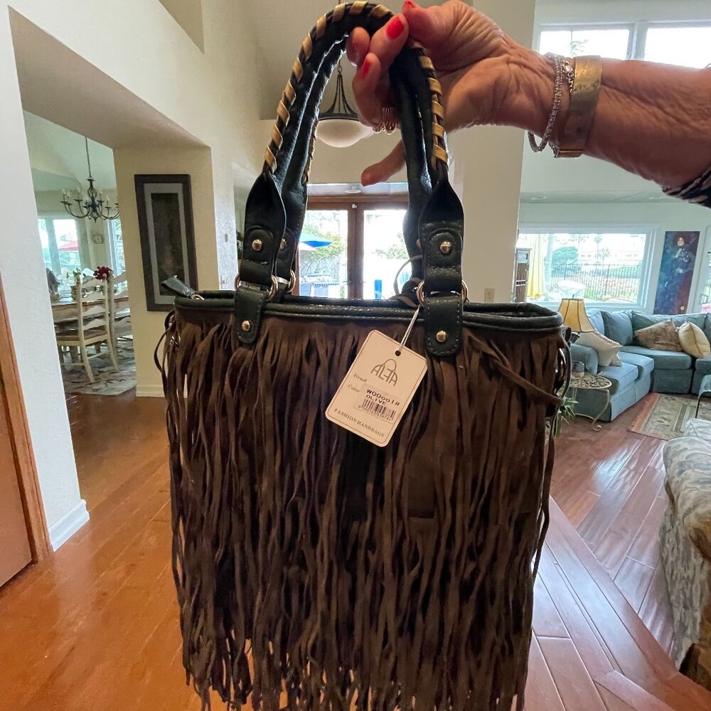 Olive green leather handbag with long fringe ALFA BAGS